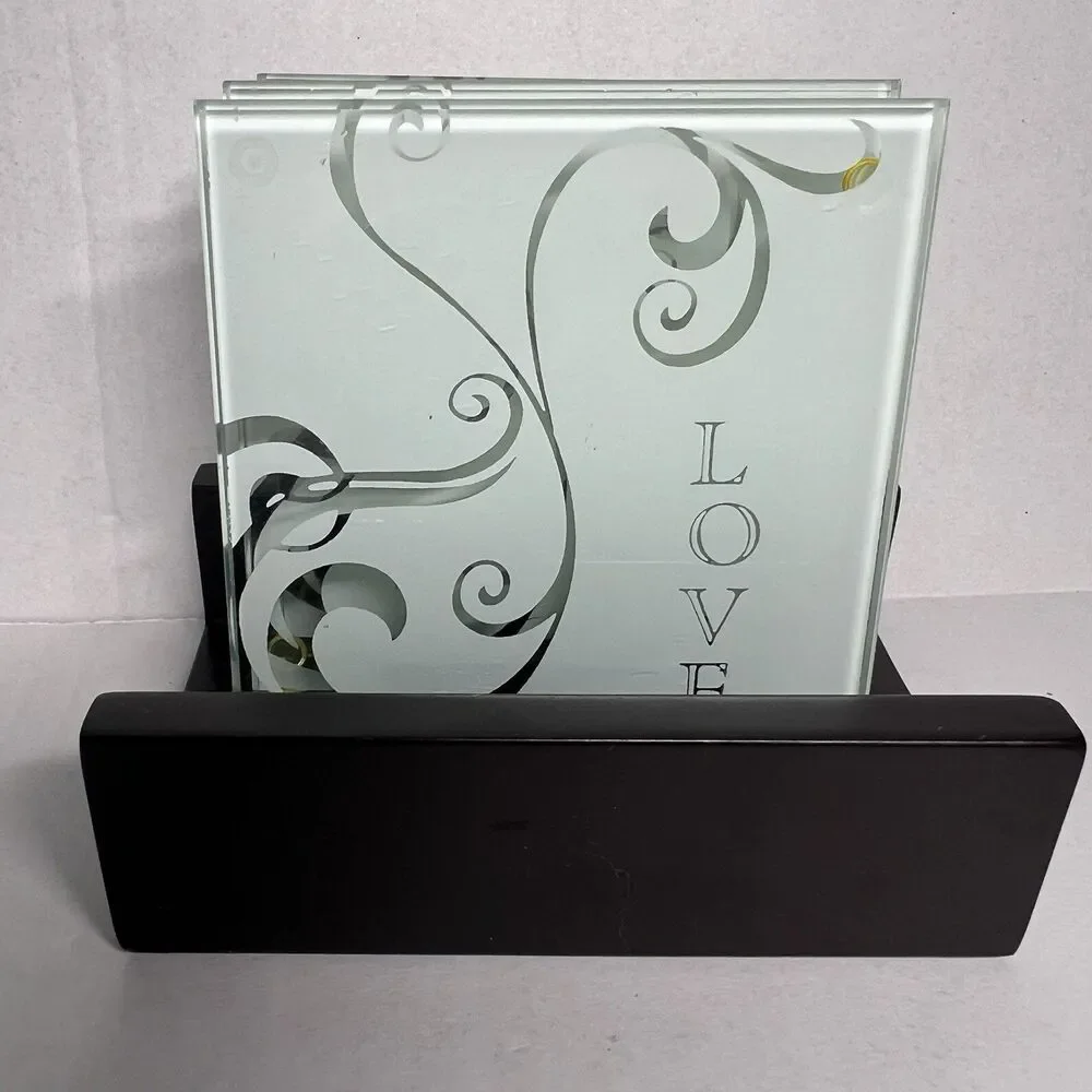 Lot of 3 Glass Coasters with Holder Etched LOVE Word Frosted Swirl 3” Vintage